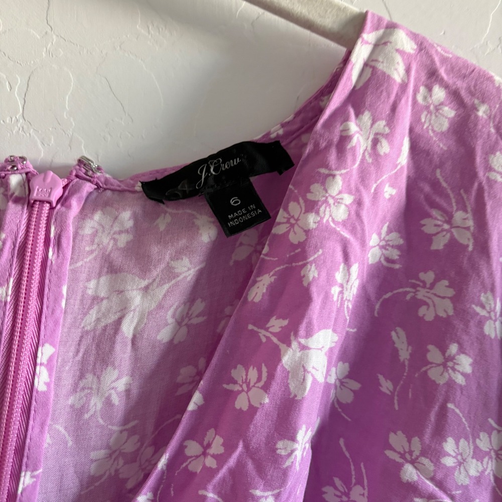 J. Crew Wrap Dress Floral Print Purple White Cap Sleeve Ruffle Midi Size 6 - Picture 3 of 8